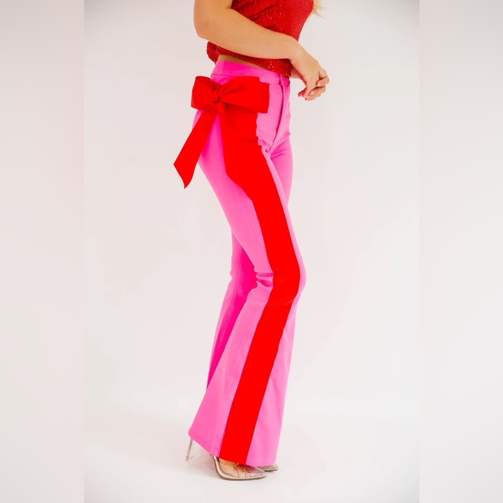 Judith March PINK BOW STRIPE FLARES with Red Bow